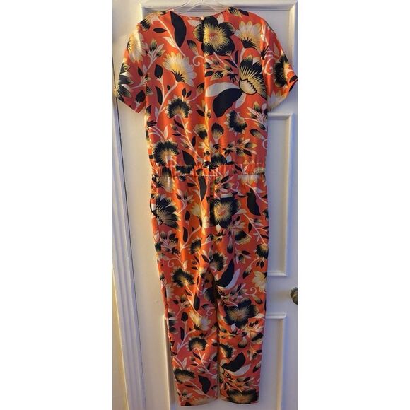 J .Crew Collection Silk Jumpsuit Hibiscus Floral Short Sleeve 4  V-Neck Pockets - Picture 4 of 5